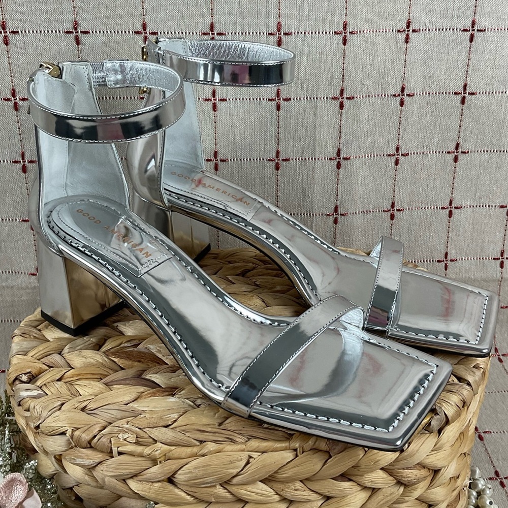 Good American Strappy Heeled Sandals Metallic Silver Ankle wrap Square Toe 9.5 - Picture 4 of 9